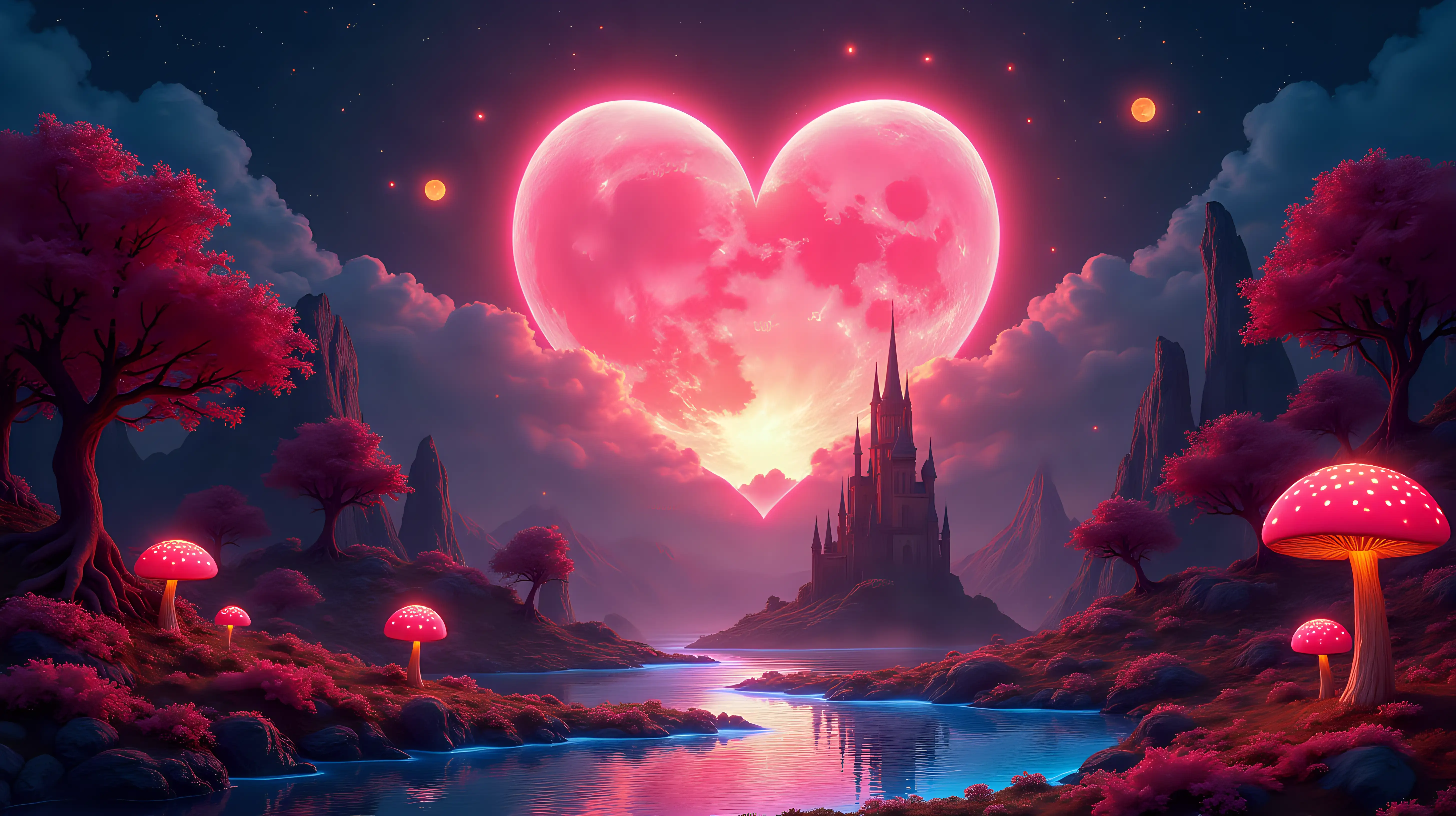 Magical HeartShaped Moon and Enchanted Landscape