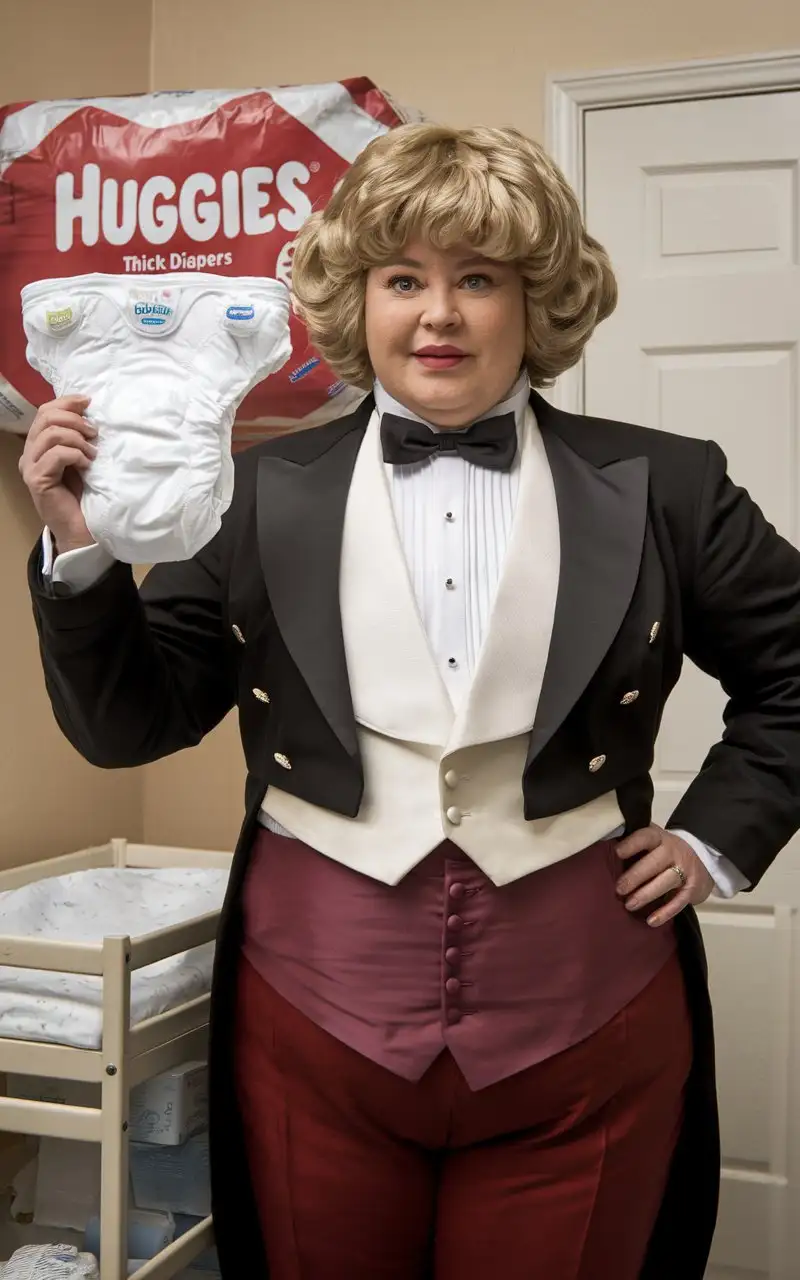 Smiling Caucasian Woman in Formal Tuxedo Unfolding Diaper in Nursery