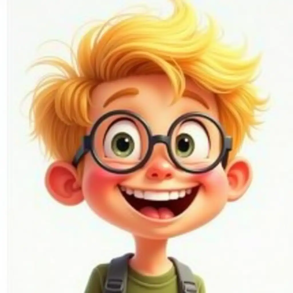 A cheerful, cartoonish portrait of a boy with bright blonde hair, round glasses, and a wide, joyful smile; rendered in a painterly, expressive style with soft, luminous lighting and a focus on detailed facial features;  the soft, delicate blush and bold eye color create a vibrant, emotive character portrait.