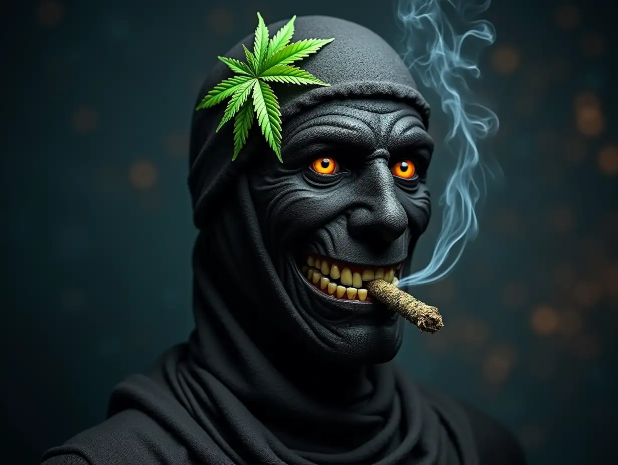 A wonderful mummy of black color. with a split in the teeth. (green spliff), with eyes of demon, on forehead leaf of Cannabis, from nose smoke, background Milky Way