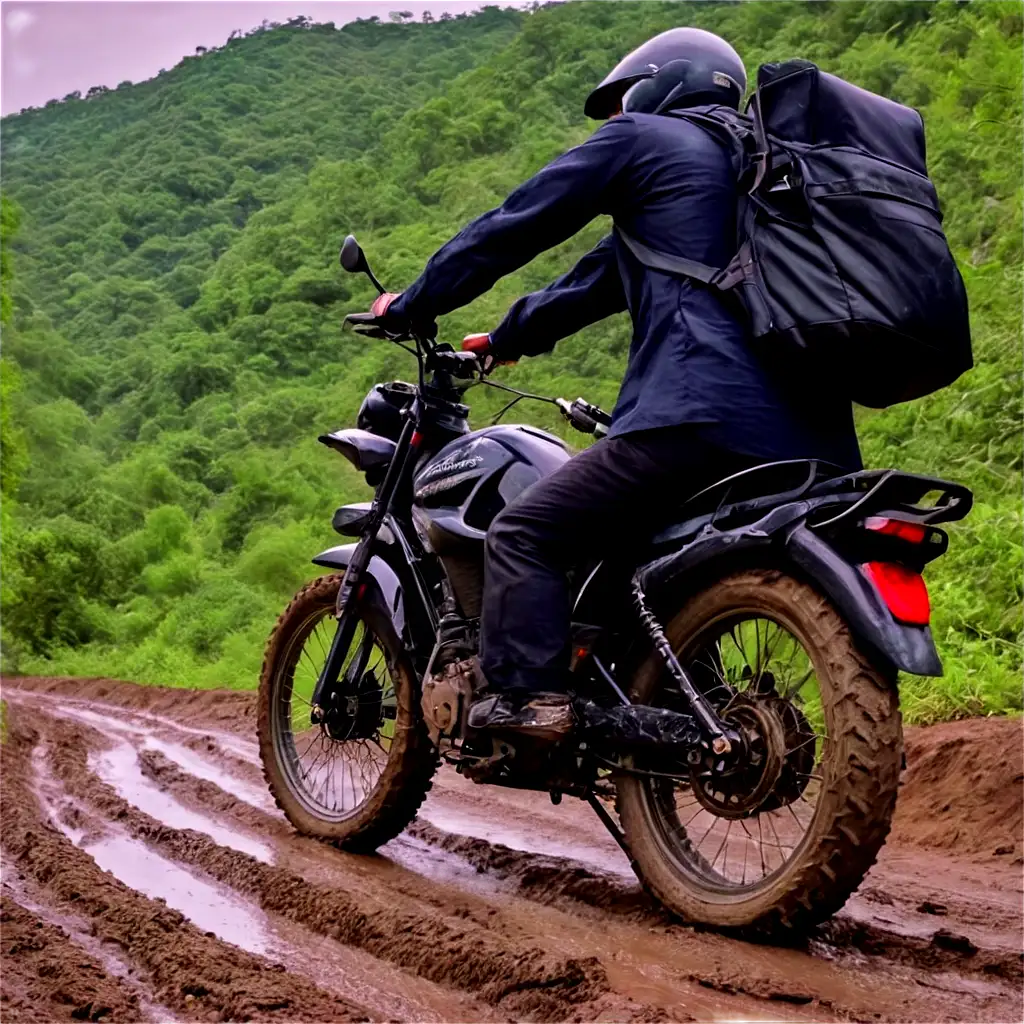 A dynamic shot of a motorcycle from the back, captured at a low angle, showing the rear tire struggling on a muddy, slippery trail in a rural Pakistani landscape. The bike is loaded with travel gear, indicating a long journey, and two tourists wearing helmets and backpacks are riding it. The spinning tire kicks up mud as it struggles for grip, emphasizing the rough terrain. The background features lush green hills and a cloudy sky, evoking the adventurous spirit of exploring Pakistan's off-road trails