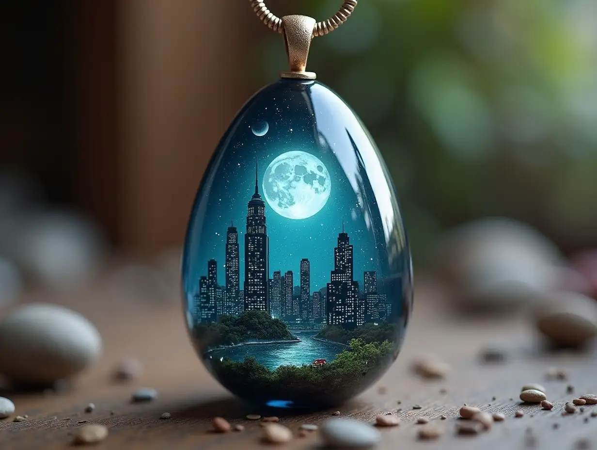 Create for me a glass egg pendant with a city inside with moon and stars