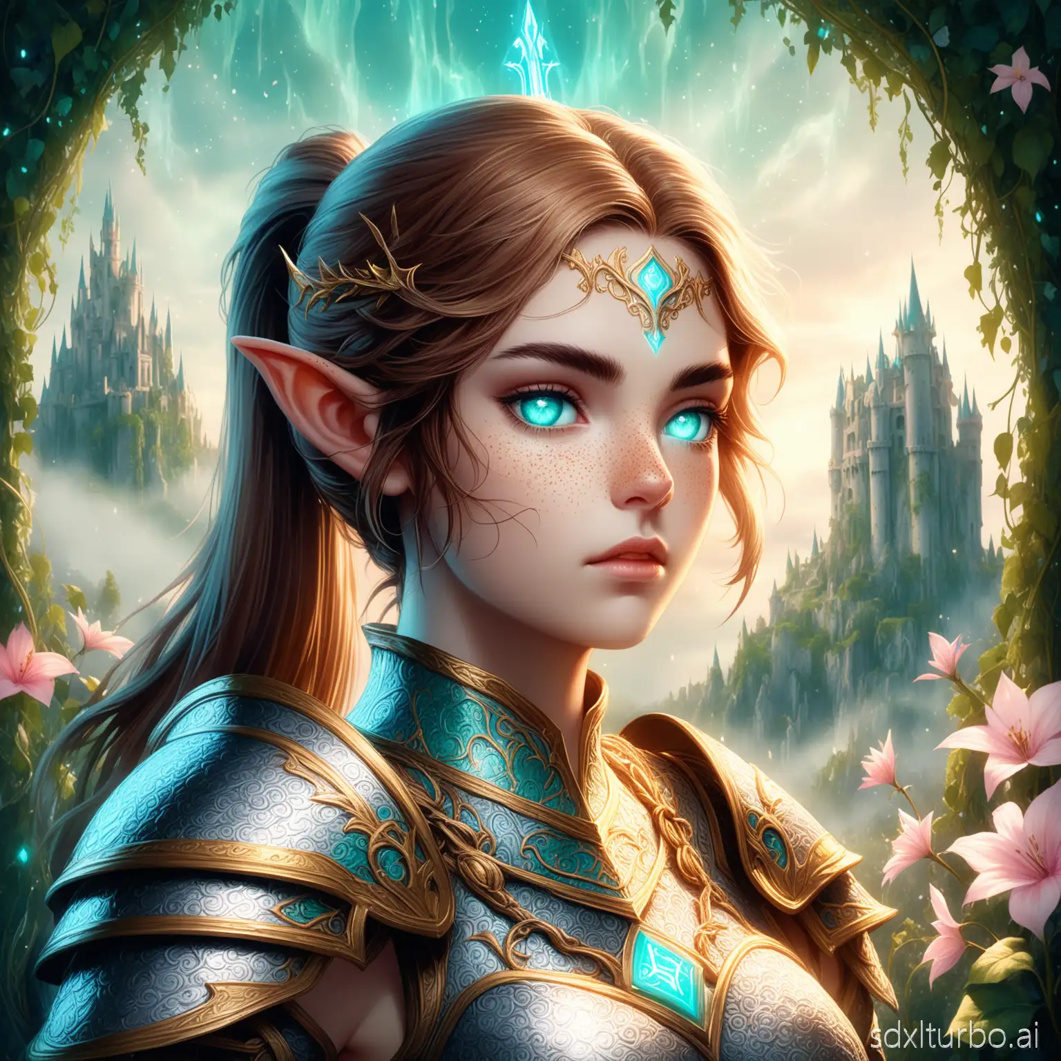 A highly detailed high fantasy portrait with a light fantasy aesthetic, featuring a fierce female elf warrior, short brown hair tied in a ponytail, striking turquoise right eye, left eye covered by a black eyepatch, missing her left ear. She has thick eyebrows, sharp feminine facial features, and freckles across her face. She wears ornate heavy plate armor in vibrant white and gold with intricate chainmail accents, accented with delicate pink and turquoise details, glowing softly with elven enchantment. She wields a massive two-handed sword engraved with glowing divine runes radiating golden and turquoise light. The background is a breathtaking, overgrown ruined castle consumed by lush vines, blooming flowers, and ethereal mist, bathed in soft pastel sunlight, creating a magical and serene atmosphere. Cinematic lighting, ultra-realistic textures, vibrant yet dreamy colors, light fantasy style inspired by fairy tales, 8k resolution.