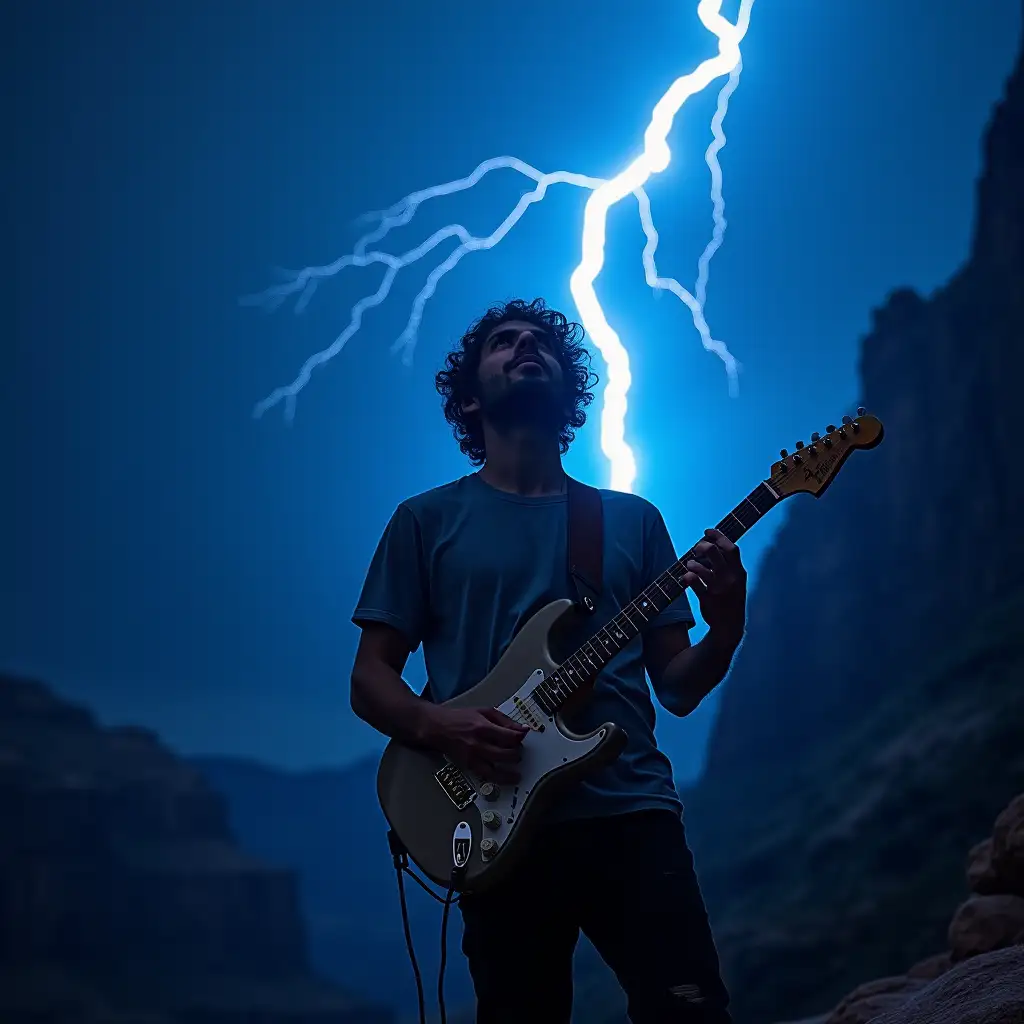 a man with dark curly short hair no beard playing a strat like guitar, struck by blue lightening at the top of a peak in grand canyon. The lightening goes through his head to his left and right arms and hands. he is looking up. his left hand is high on the neck of the guitar as he is playing a solo