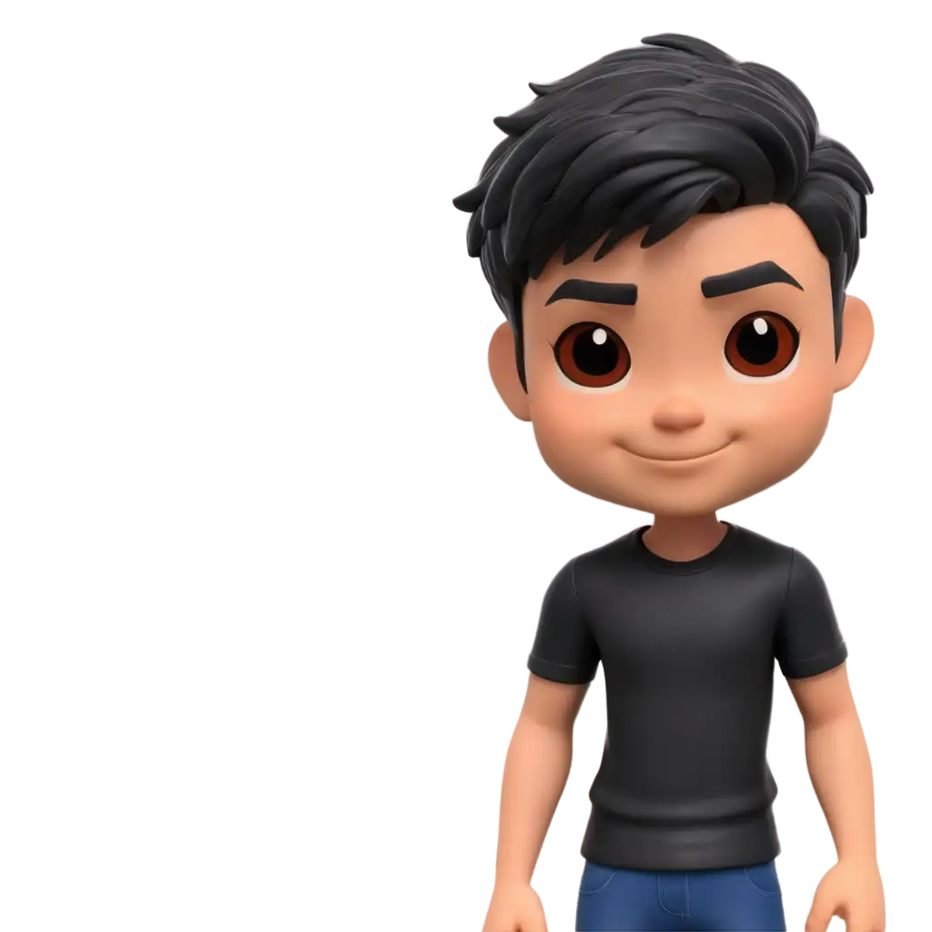 Draw a funko pop 13 year old boy with brown eyes, mouth smiling, curved eyebrows, black short hair with both sides shaved, very defined jaw, relatively muscular body, black short shirt and black short pants, posture confident, Texture smooth