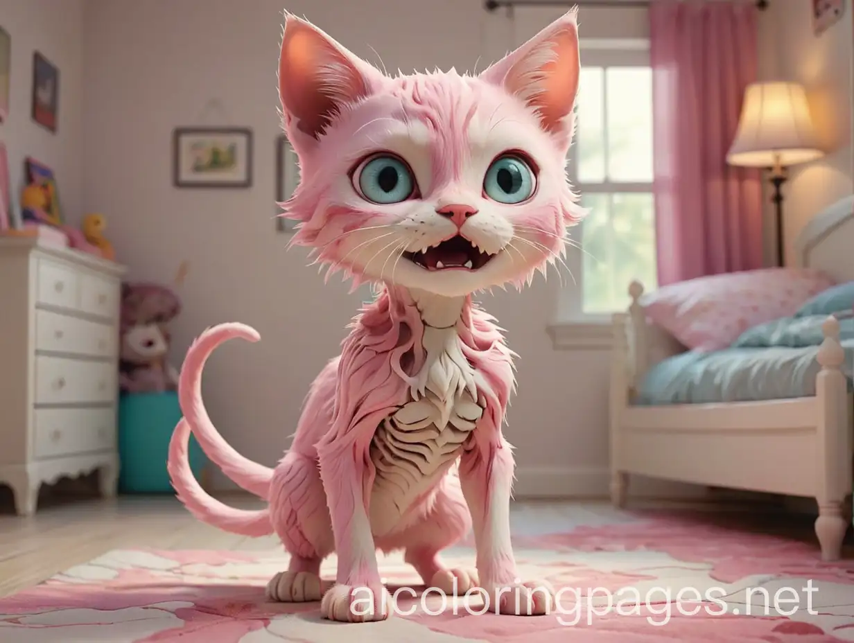 Terrifying-Pink-Kitten-with-Skeletal-Body-in-Childrens-Bedroom