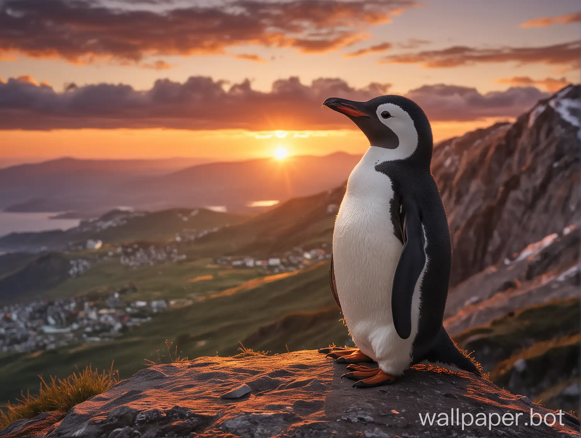 Linux Penguin sitting on a mountain staring at the sunset
