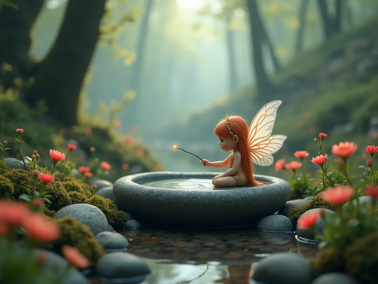 A delicate stone basin landscape, full of stone-breaking flowers, in a dense forest, misty surroundings, a cute little fairy points to the stone with a fairy wand, high quality, realistic