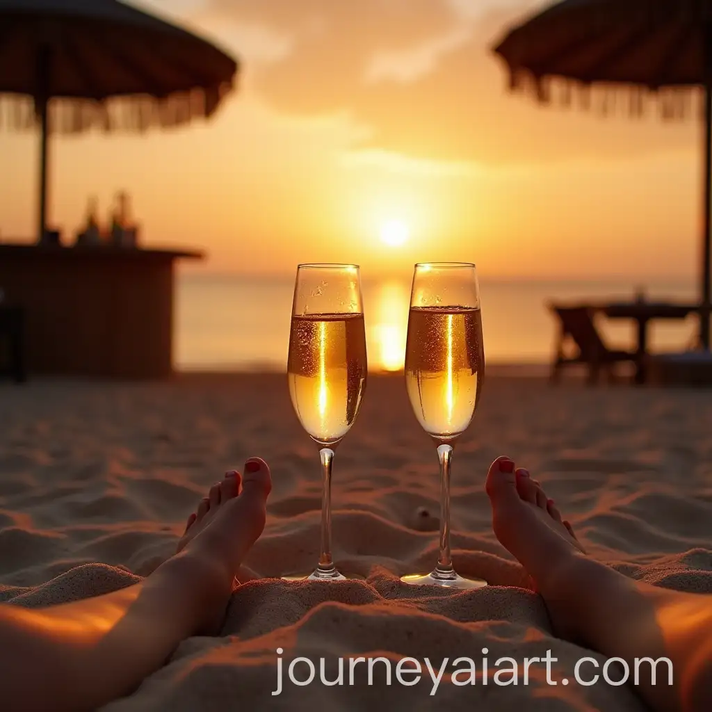Romantic-Sunset-at-a-Beach-Bar-with-Champagne-Flutes-and-Bare-Feet