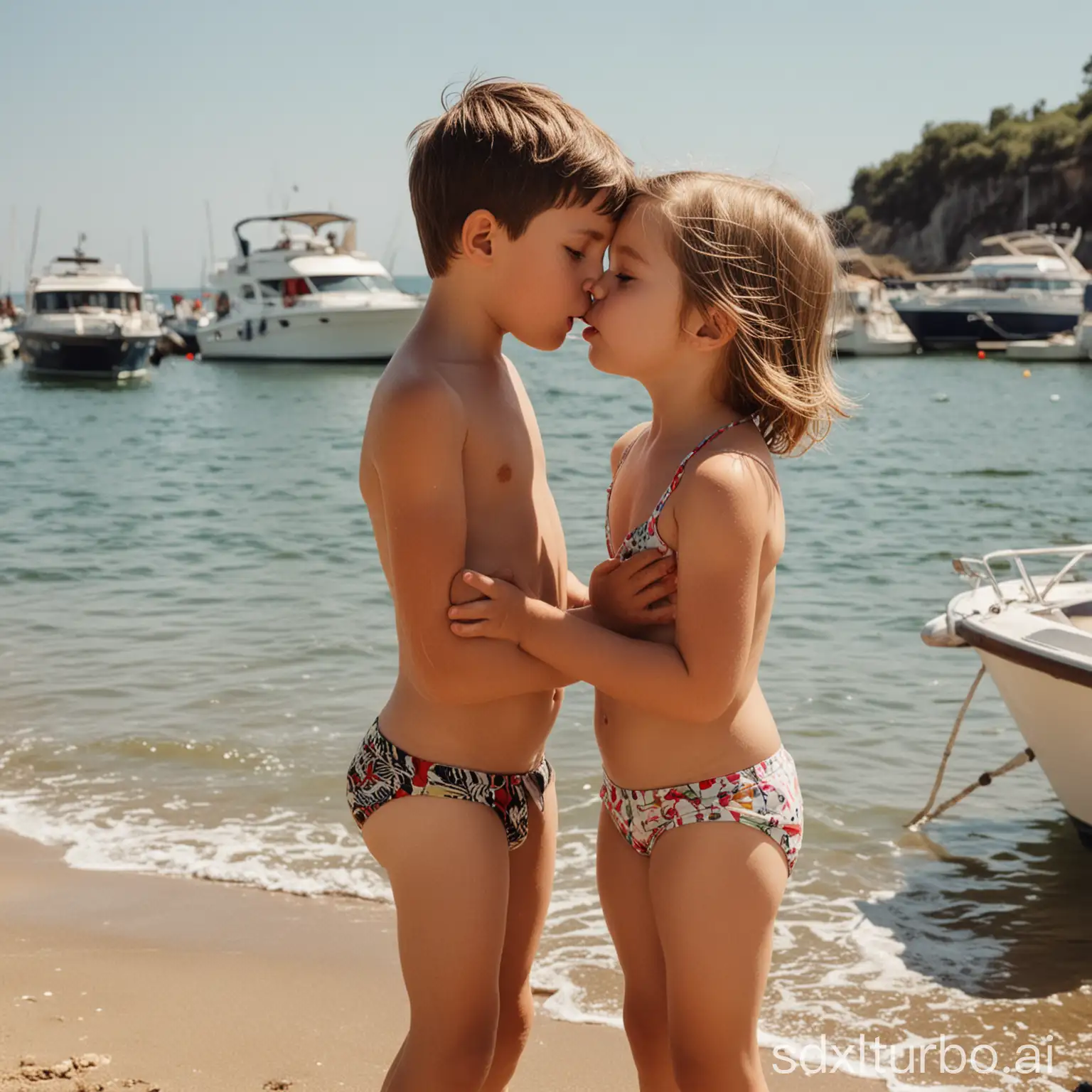 Little boy kissing little girl on the lips, little boy has short dark brown hair, little girl has long blonde hair, 6 years old, there is 2 boats in the background, it is day time, at the beach, little boy in transparent swim shorts, little girl in transparent bikini, boy holding girls hand