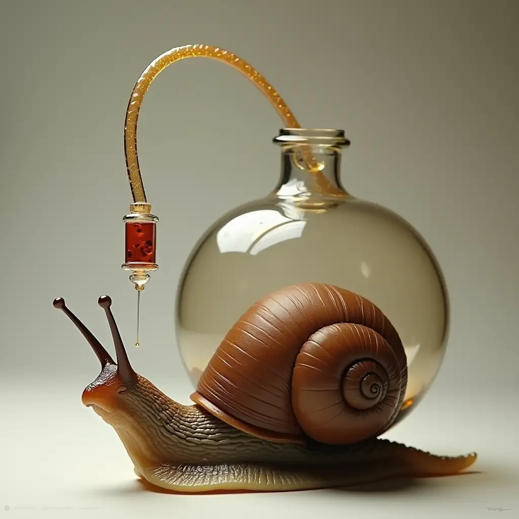 Can you create a snail with a plastic tube like an intravenous line connecting its mouth to its glass shell filled with coffee that stimulates the snail in realism