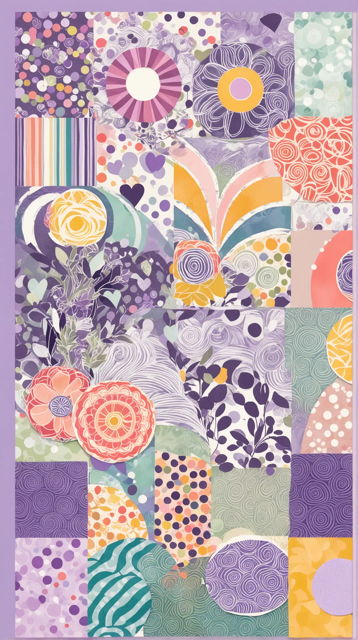 create an image featuring a vibrant, collage-style design filled with bold, colorful patterns and abstract shapes, including chevrons, polka dots, concentric circles, stripes, hearts, and floral elements. use a color palette of muted pastels that includes lavender, sage and more  creating a striking contrast. The composition is dynamic and layered, resembling a handmade scrapbook or art journal, with a playful and artistic aesthetic. Each section of the panels showcases a unique arrangement of patterns, offering variety while maintaining a cohesive visual theme.