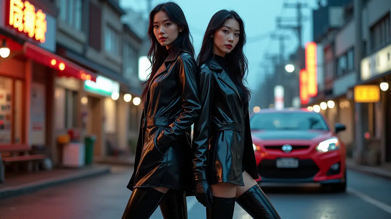 realistic photo , 2 asian woman standing , wearing shinny pvc jumpsuit , shinny pvc jacket , wearing shinny pvc thigh high boots , shinny pvc gloves , in japanese street at dusk with nissan s15