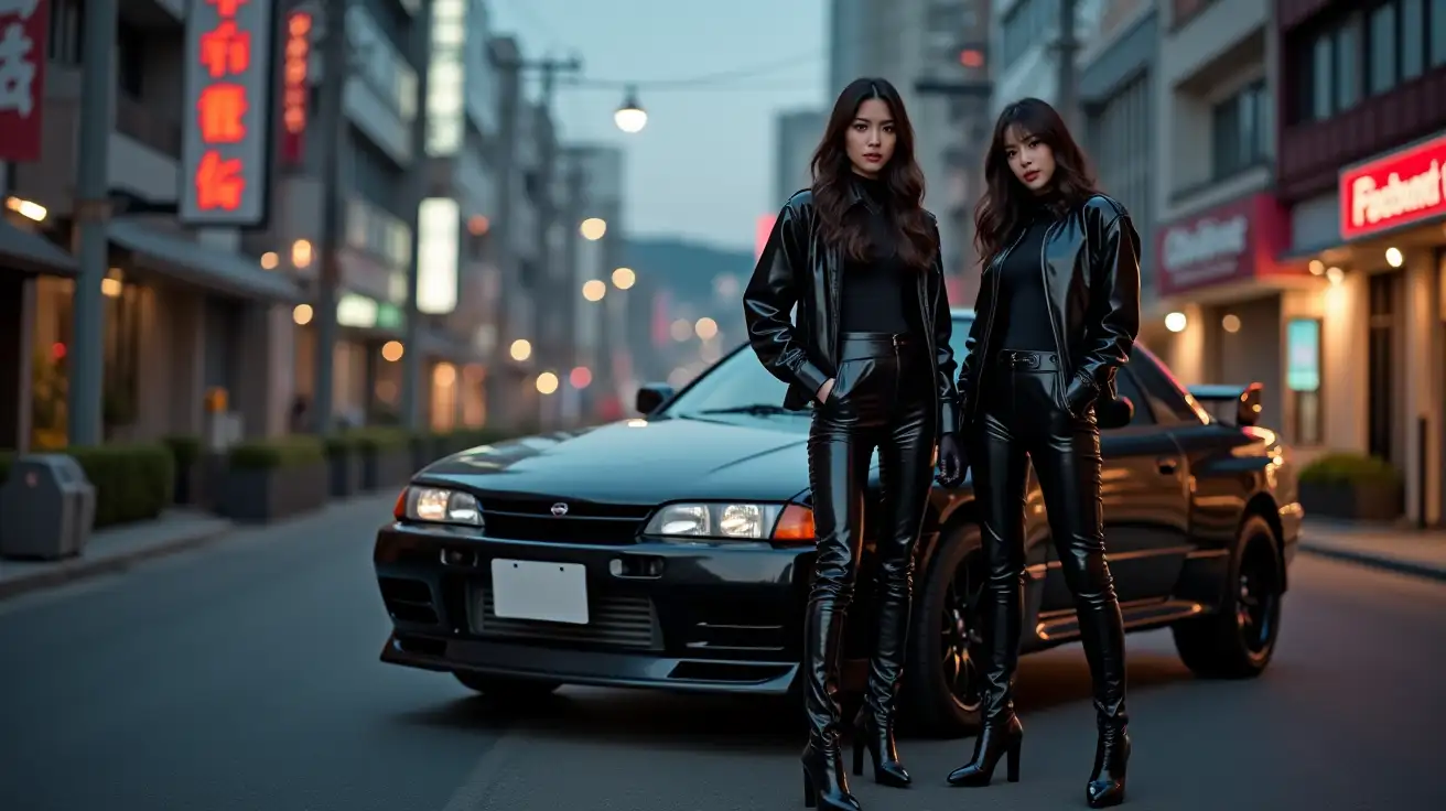 Asian-Women-in-Shiny-PVC-Jumpsuits-and-Boots-on-Japanese-Street-at-Dusk-with-Nissan-S15