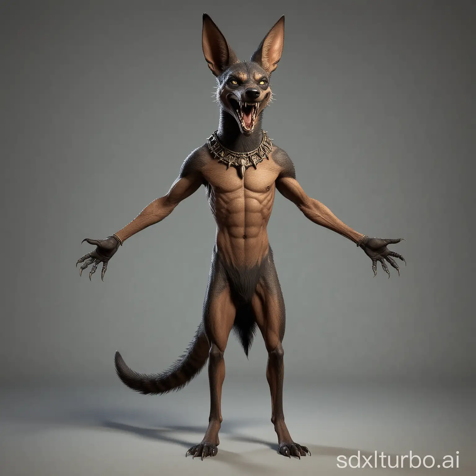 anthropomorphic jackal Anubis character in t-pose, open jaw, scary , horror