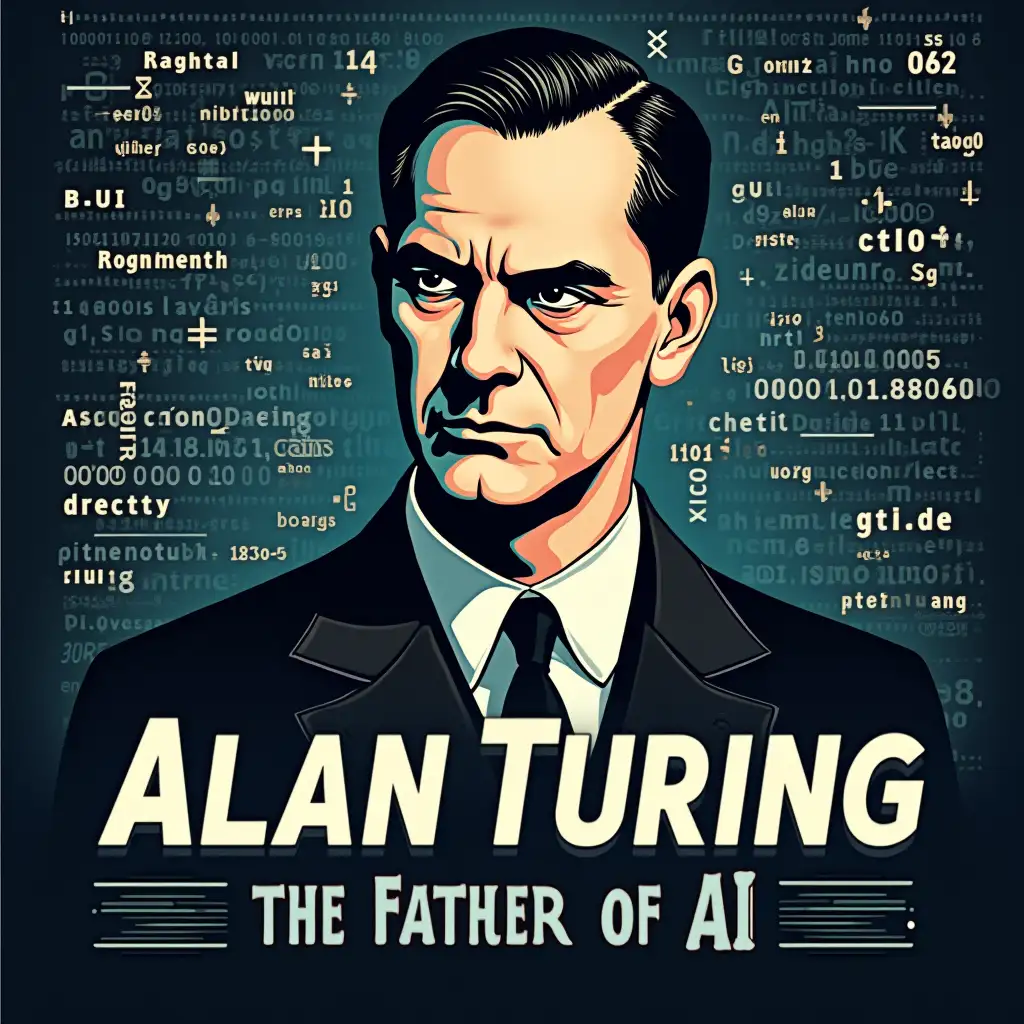 A prominent image of Alan Turing (illustrated or styled to avoid copyright issues) with a serious and visionary expression. A background showing a combination of WWII-era codebreaking machines (like the Enigma machine) and futuristic AI elements (such as neural networks or binary code). Bold text overlay that reads: 'Alan Turing: The Father of AI' in contrasting colors for emphasis. Additional elements, like mathematical formulas or the Turing Test concept, subtly integrated for a tech-science vibe.Use a mix of deep blues, grays, and metallic tones to convey intelligence, innovation, and legacy.