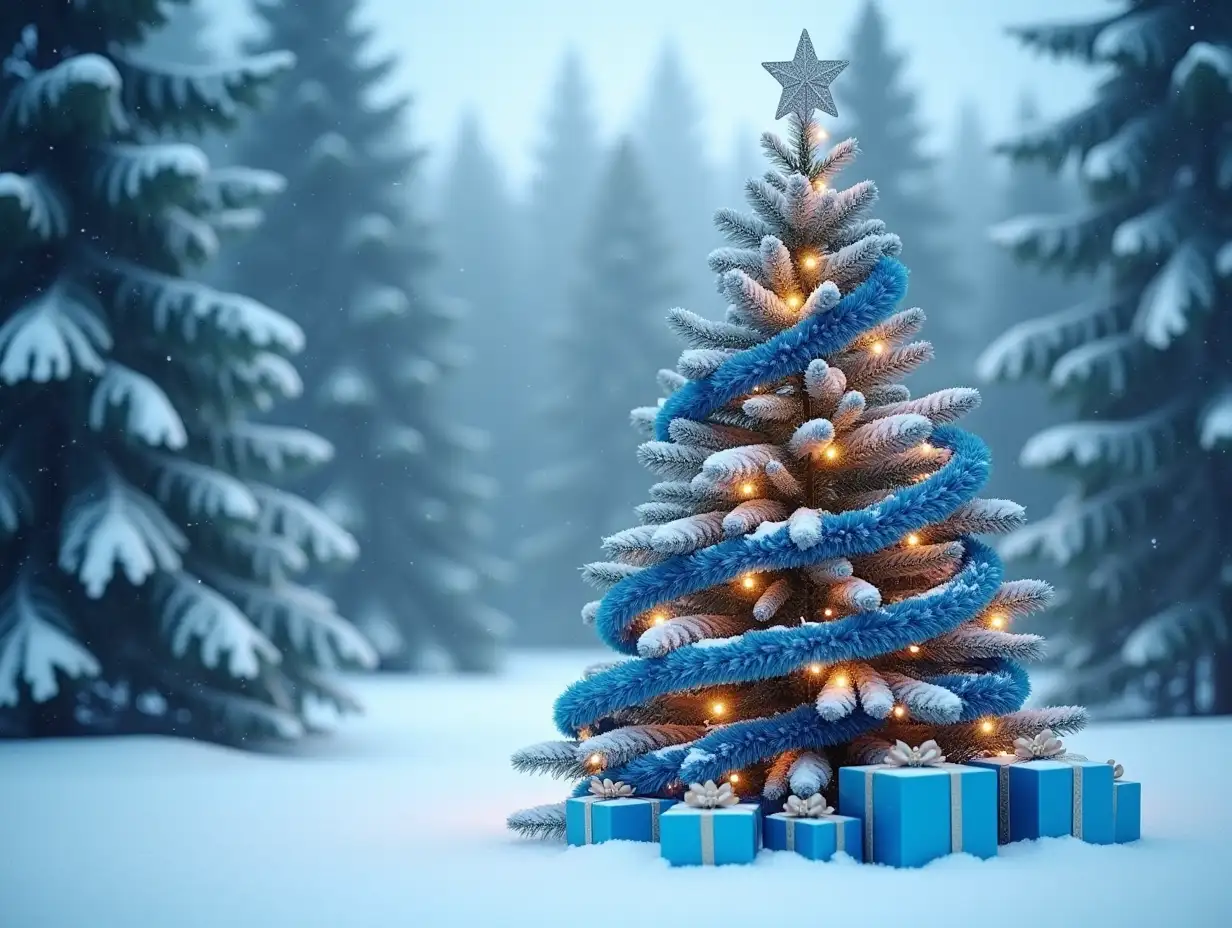 Fluffy-Christmas-Tree-in-Snowy-Winter-Forest-with-Blue-Garland-and-Presents