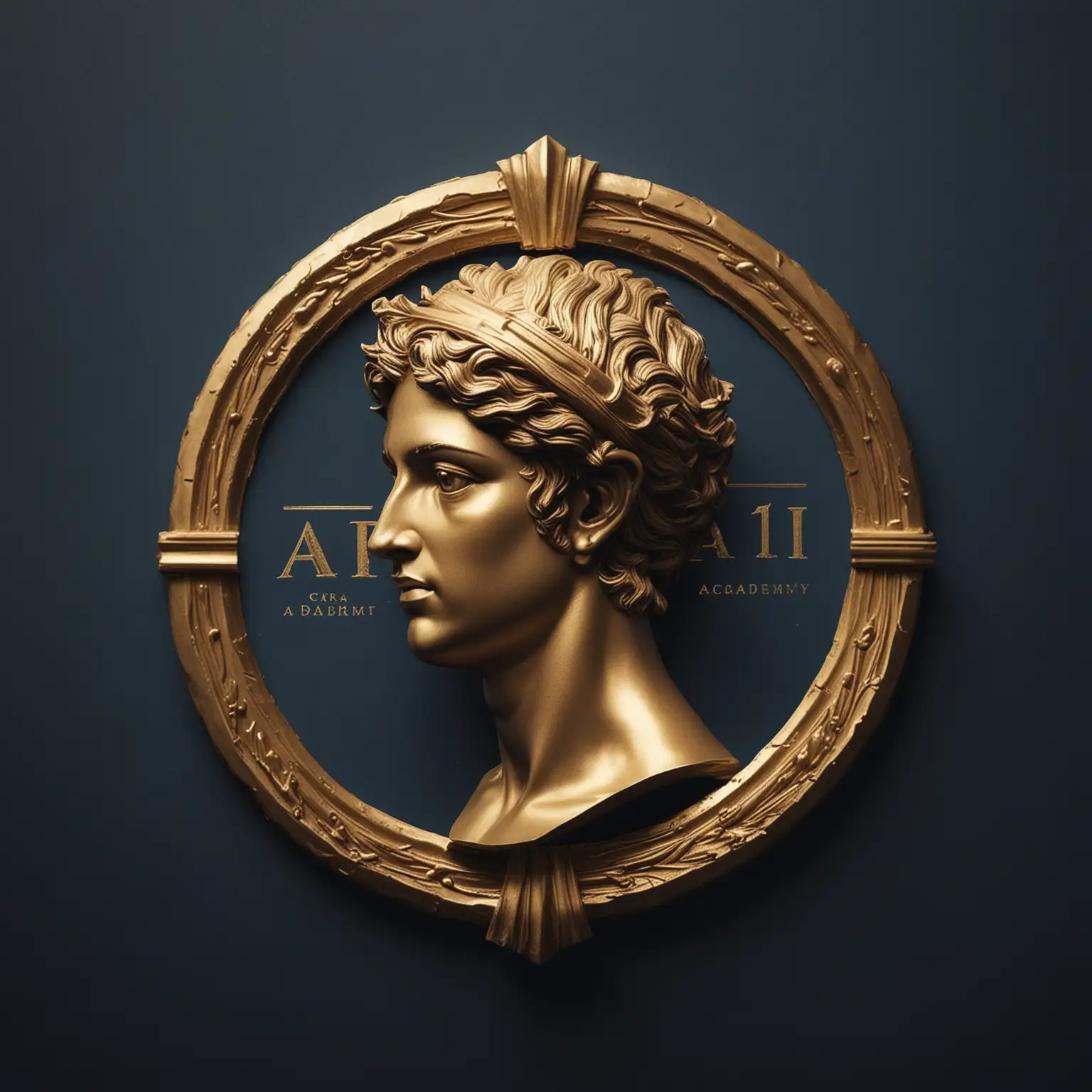 prompt for ADACH logo, Academy of Art, Culture and History. Golden, looking like gold with dark blue background, modern and futuristic and metallic style and image of Greek academy