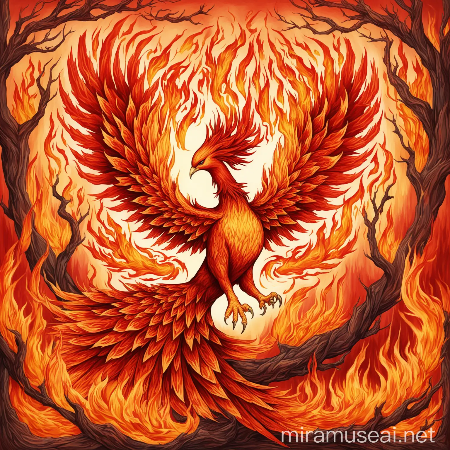 Japanese Maple Tree and Phoenix with Flames Design