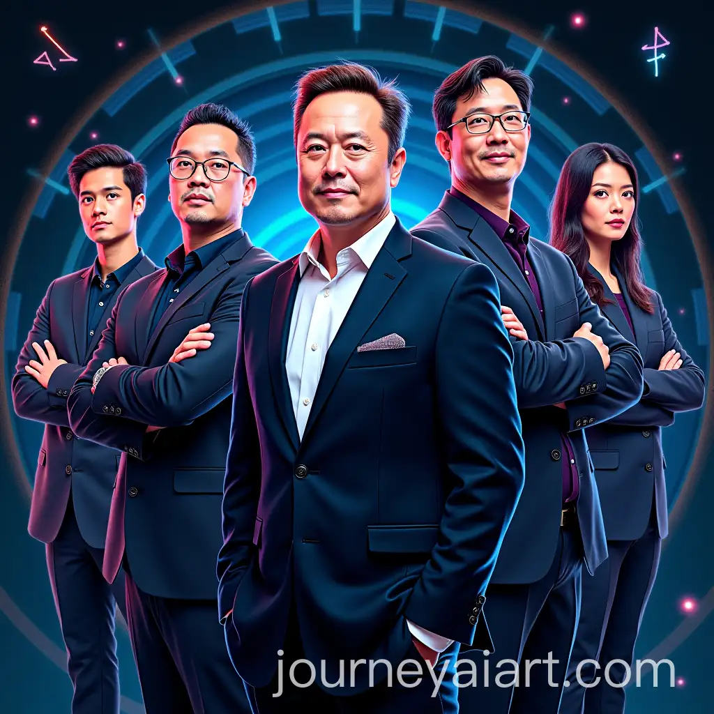 Futuristic-Tech-Leaders-in-Innovation-Poster-Featuring-Elon-Musk-Sam-Altman-Satya-Nadella-and-Jensen-Huang