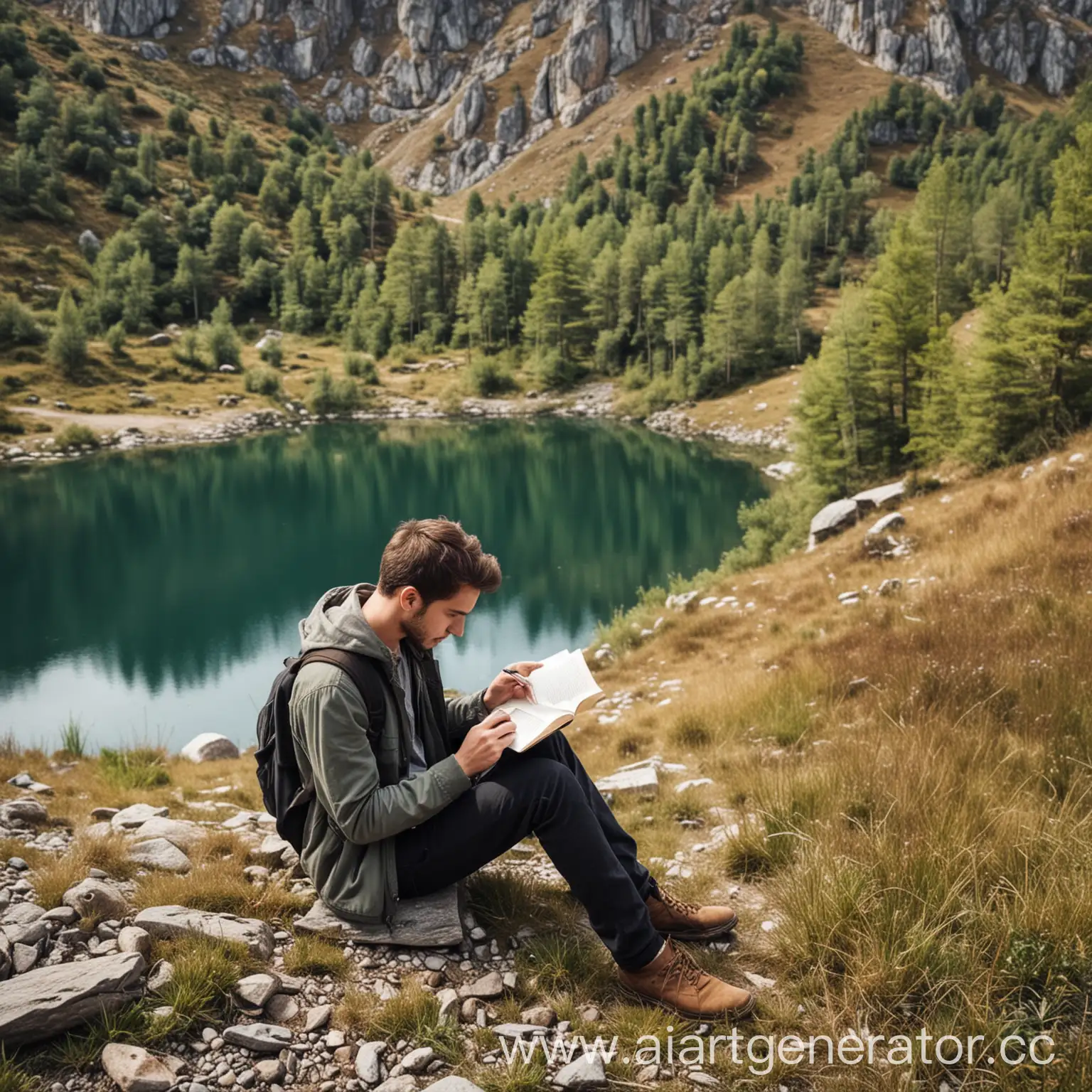 Young-Man-Reading-Book-in-Mountain-Wilderness-with-Laptop-and-Notebooks