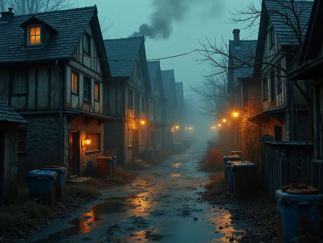 Creating a digital photo of a street with old dilapidated houses with chimneys and smoke, garbage cans lying on the street with brown soup hints and illuminated toilets with rusty iron and a river with floating paint fog and rusty lanterns and strange eerie creatures