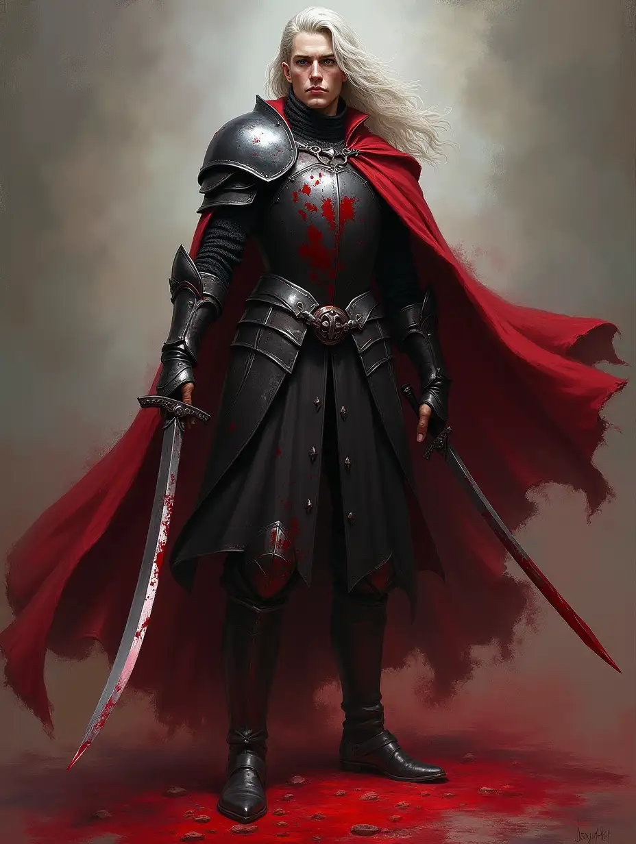 user_prompt: Oil painting, Dark fantasy, male character, ((full body))th, knight of blood, clean ((breastplate)) of black metal, ((light armor)), ((long)) black doublet ((with bloody splashes)), (black bloodstained doublet under the breastplate), ((broad sleeves)), ((bare forearms and hands)), bloody dark red cloak with ((collar)), blue eyes, long wavy pale hair, bloody saber, one sword, ((long)) hair, cloak fluttering in the wind, (((blood magic))), ((curved)) sword all over blood, stern face, (dynamic pose), medieval gothic, (scars on hands), bare hands, (((pointed-toe)) leather boots), greaves, bloody bandage, (nimble) fencer