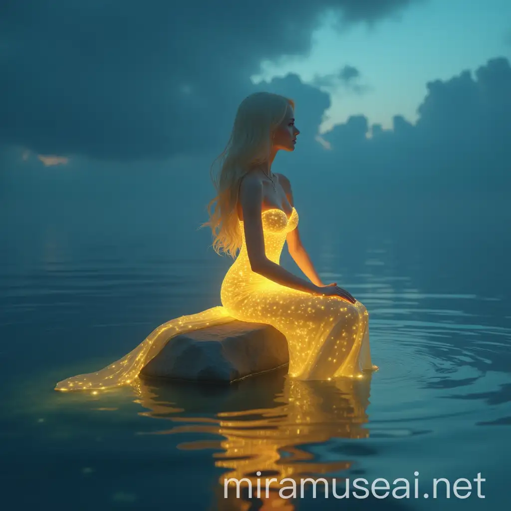 Minimal Mermaid Sitting on Rock in Ocean at Midnight