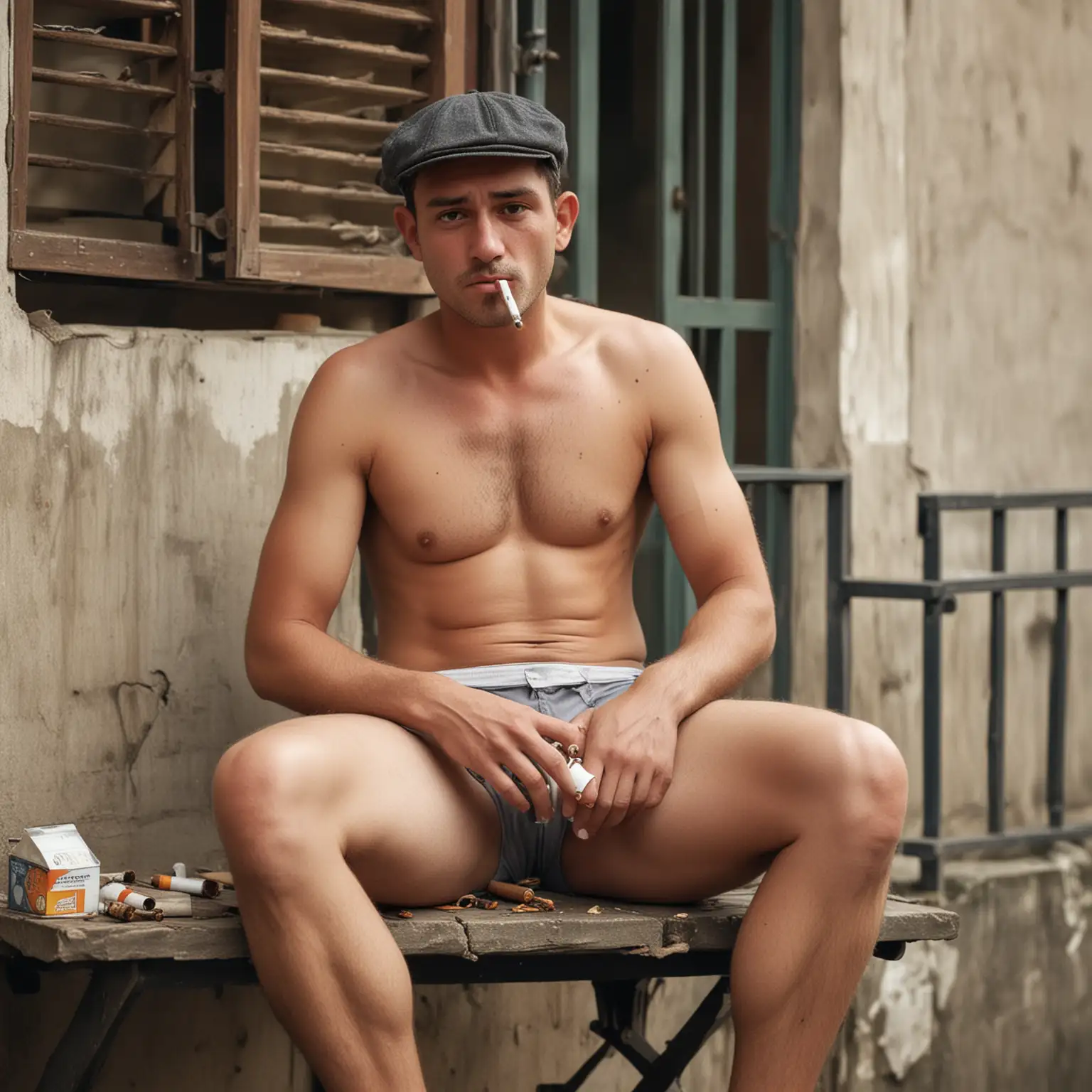 Man-with-Protruding-Belly-Smoking-on-Old-Balcony