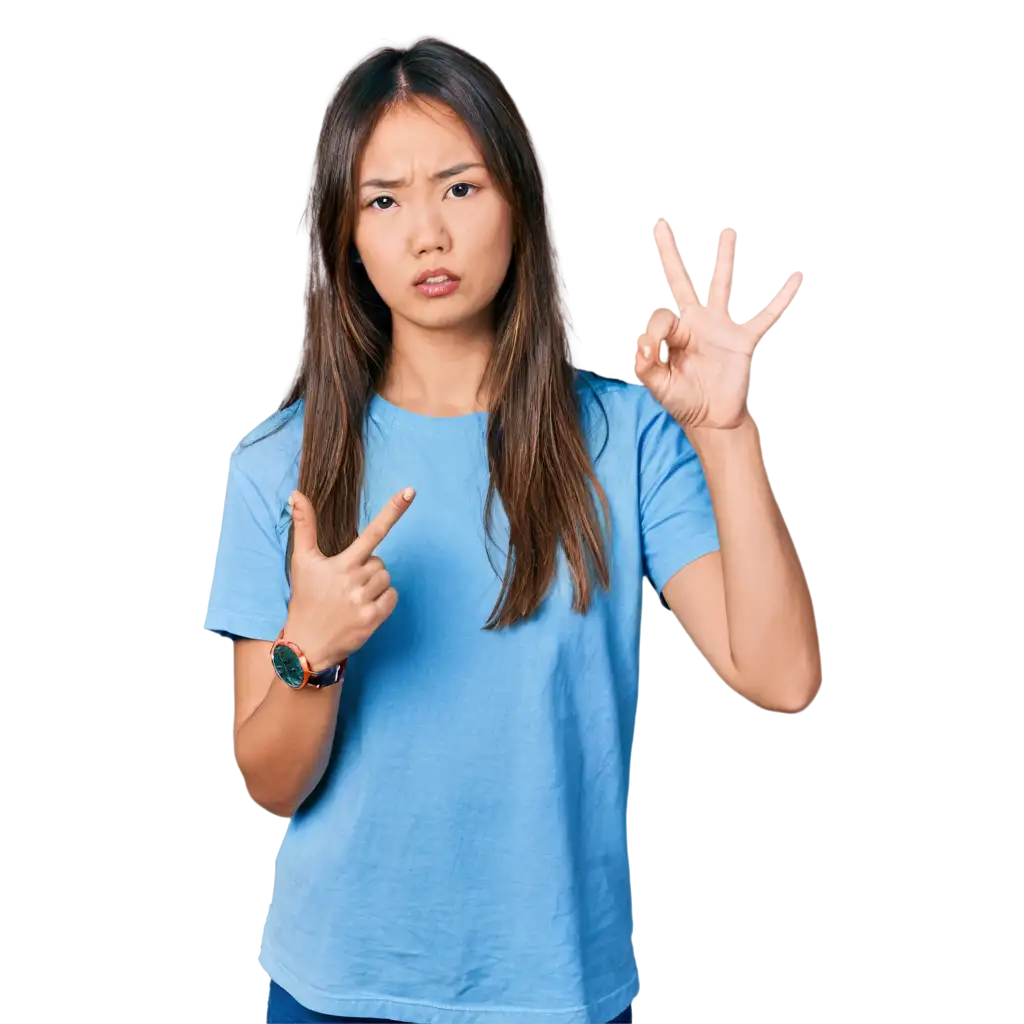 Angry-Asian-Woman-in-Blue-Shirt-and-Cross-Necklace-PNG-Image-for-Digital-Design-Projects