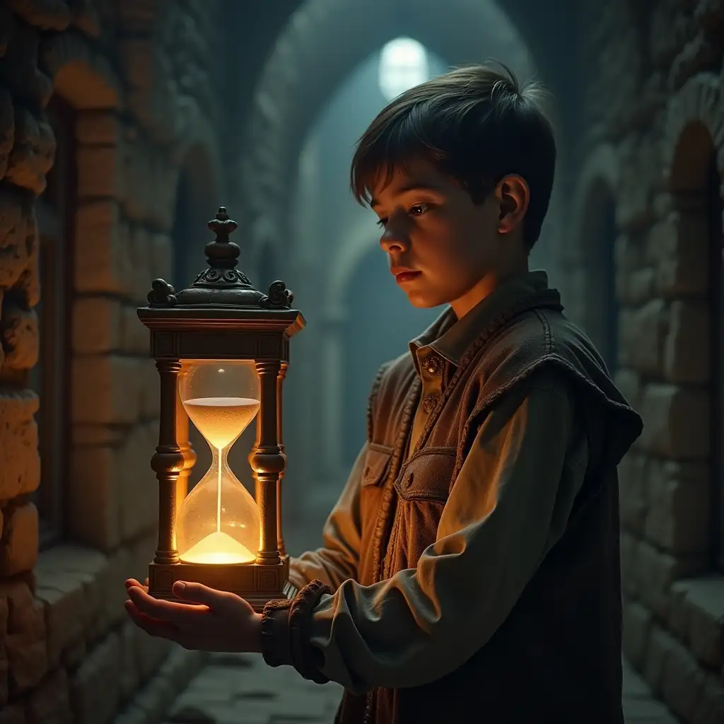 A boy who is in the city of Eldoria found an old glowing hourglass in an old house and is holding the hourglass