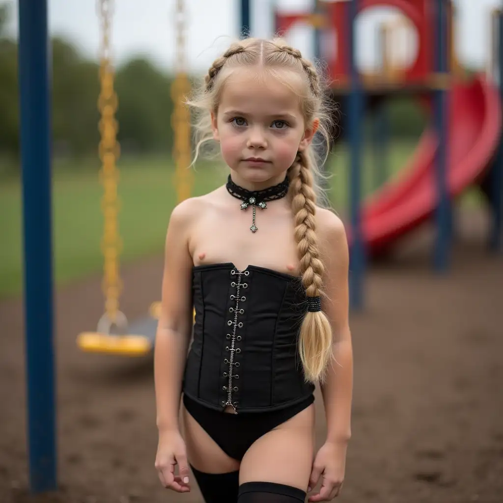 Young-Blonde-Girl-in-Corset-and-KneeHigh-Stockings-at-Playground