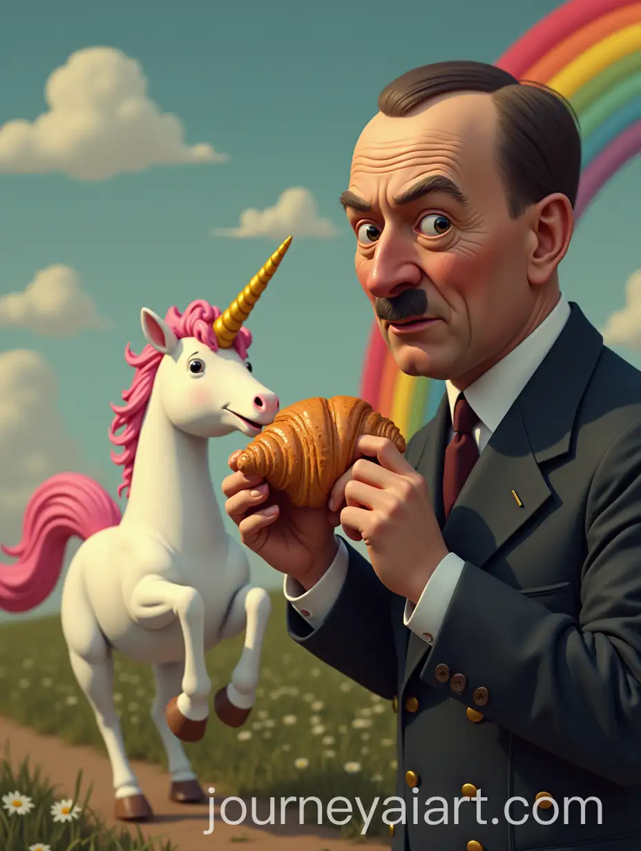 Surprised-Figure-Eating-Chocolate-Croissant-While-Watching-a-Unicorn-on-a-Rainbow
