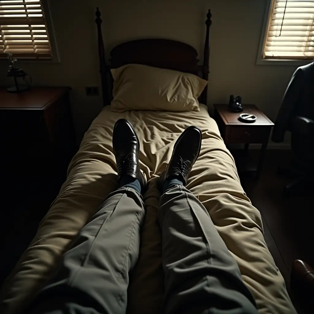 A first-person perspective (POV) of someone lying on a stiff bed in a small, government-issued room in Los Alamos during the 1940s. The person's legs, clad in slightly wrinkled dress pants—typical of J. Robert Oppenheimer’s style—are stretched out on the bed, with polished but slightly dusty leather shoes still on. The tangled sheets partially cover the lower half of the legs. The room is dimly lit with soft morning light filtering through the blinds, casting long shadows. A bedside table holds a half-smoked cigarette in an ashtray. A discarded suit jacket rests on a nearby chair, hinting at exhaustion. The atmosphere is heavy with tension, evoking the weight of scientific and moral dilemmas. The air is dry, and the setting reflects the austere, high-pressure environment of the Manhattan Project.