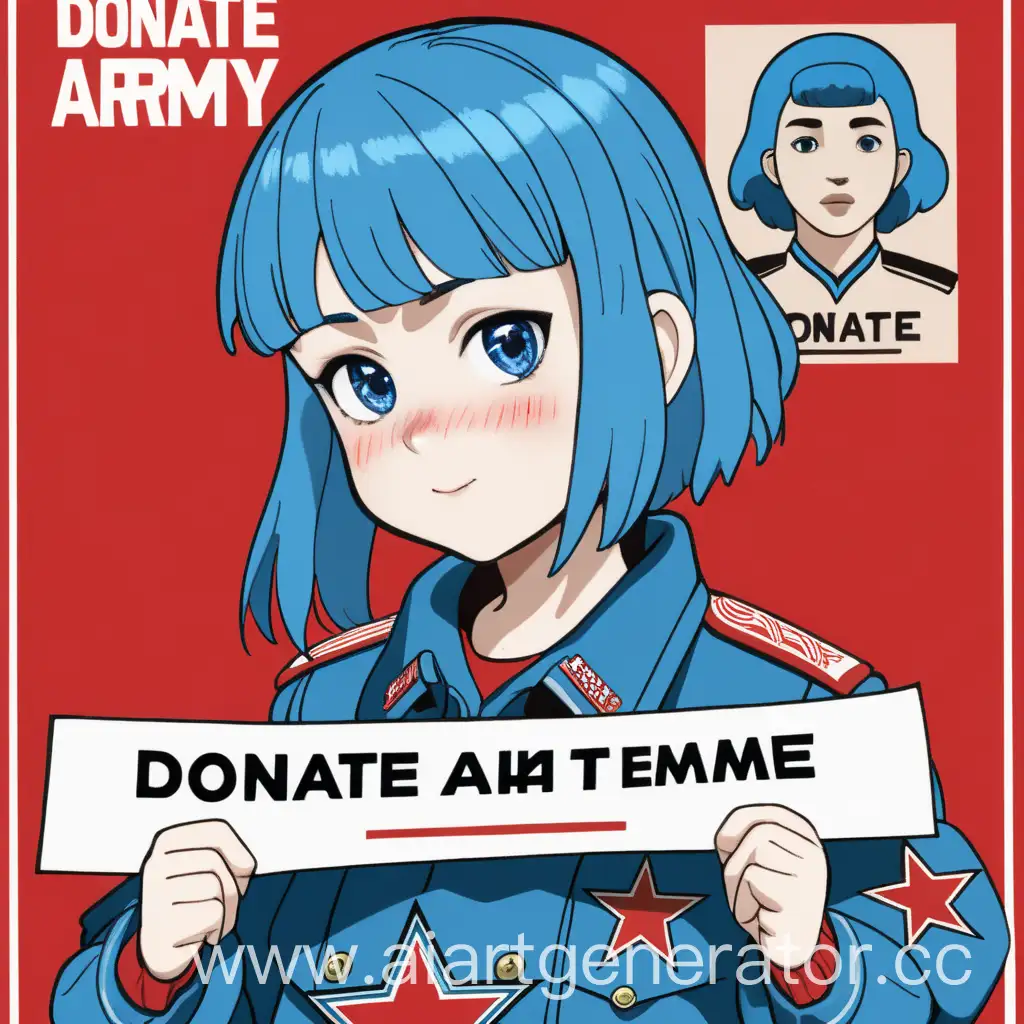 Girl-with-Blue-Hair-in-Red-Army-Uniform-Holding-Donate-Poster