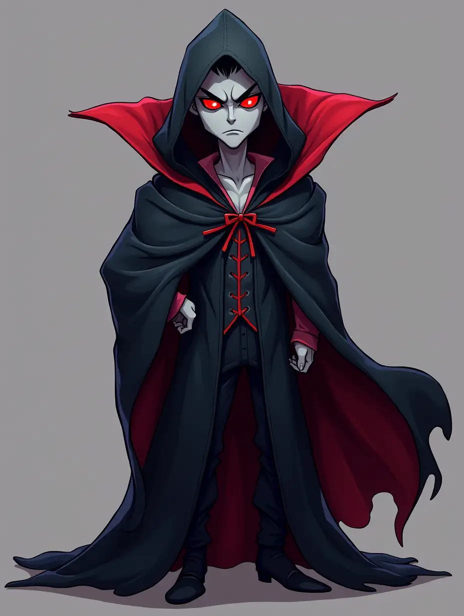 Shadowy vampire with piercing red eyes and flowing black cloak,3d, cartoon style drawing, fantasy, bright colors, blank background