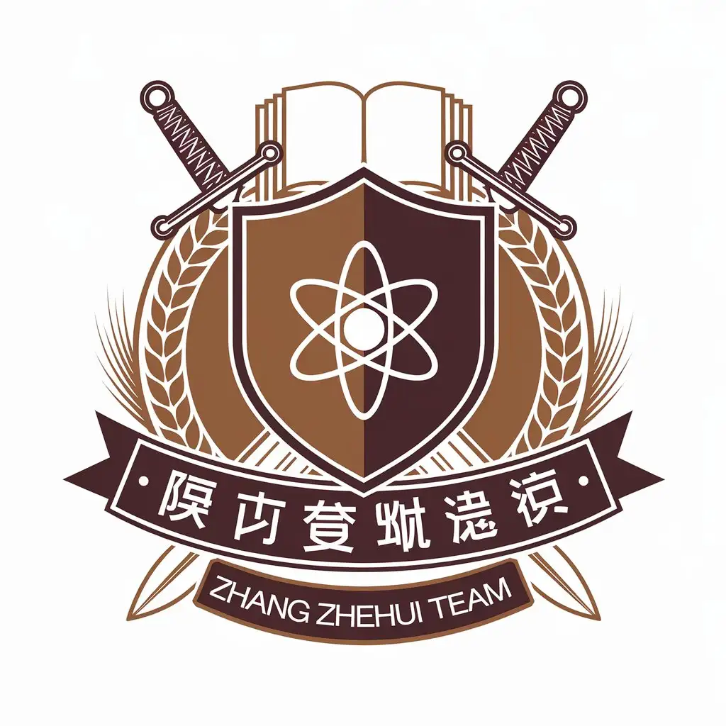 a vector logo design,with the text "Zhang Zhehui team", main symbol:shield with two swords behind, atomic core inside, simple book and wheat pattern, a band with Chinese logo name beneath,Moderate,clear background