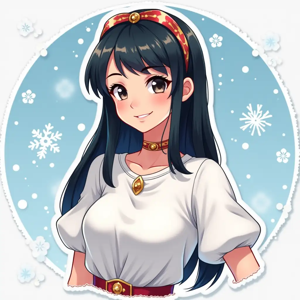 a woman in a white T-shirt with black hair new year Snow Maiden costume - in the style of a Disney sticker