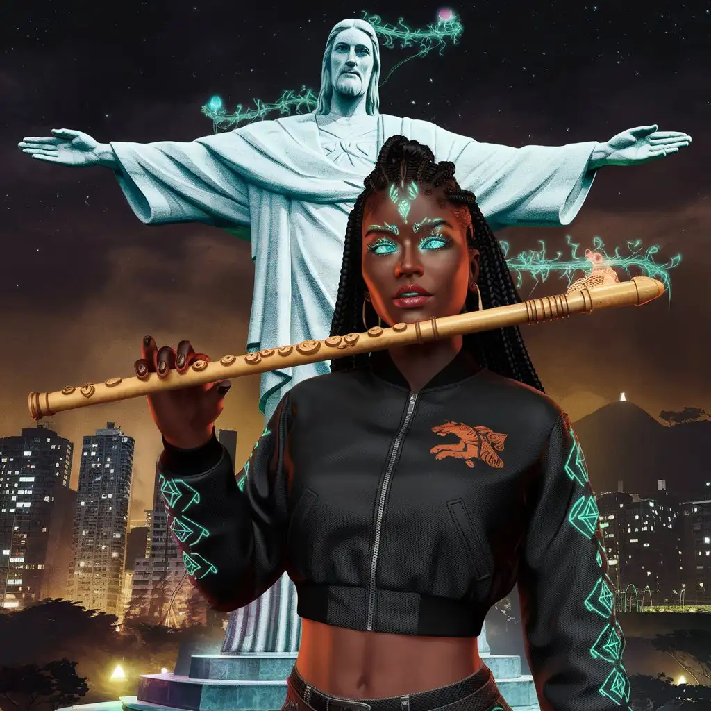 A regal Somali warrior-queen stands at the nexus of magic and modernity, her luminous onyx skin glowing against the electric glow of enchanted streetlights. Clad in a fusion of futuristic urban armor and traditional Somali fabrics, her streetwear features geometric henna patterns that pulse with arcane energy across the sleeves of her cropped bomber jacket. The legendary Tiger-Fall Flute rests against her full lips, its jade surface carved with leaping felines that seem to move as phantom mist pours from its mouthpiece, weaving illusions of prowling spirit-tigers through the favela rooftops. Behind her, Rio's Christ the Redeemer statue stands transformed - vines of glowing mana twisting up its arms as floating favelas drift between tropical thunderheads. Every curve of her powerful physique is rendered in velvety brushstrokes that make her gold-dusted collarbones gleam, her confident stance making the graffiti murals ripple with each breath. The scene hums with the energy where samba rhythms meet elven war chants, where capoeira dancers spin through the air alongside summoned jinn, all captured in a masterpiece of hyper-saturated fantasy realism