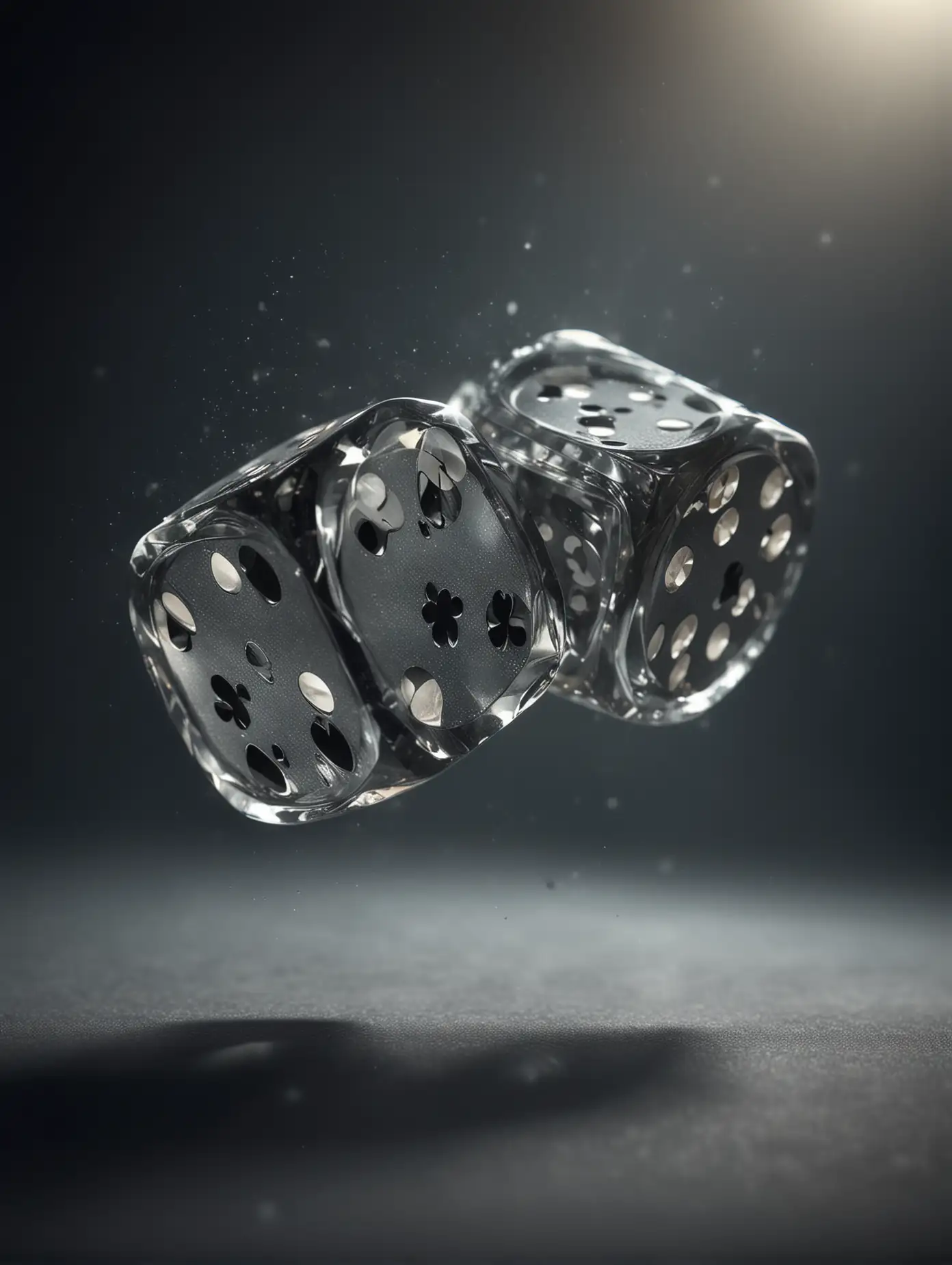 Polished-Metallic-Dice-Floating-Above-Ace-of-Clubs-Playing-Card-with-Cinematic-Grey-to-Black-Background