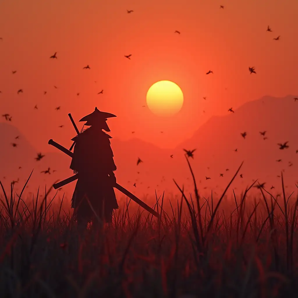 Create a game scene, in a reed field with a sunset samurai