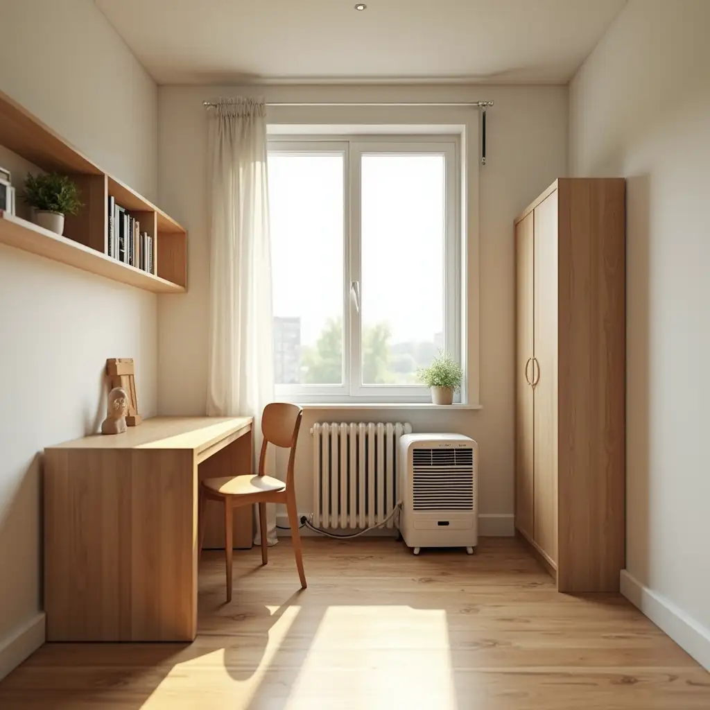 Minimalist-Room-with-Desk-Library-Wardrobe-and-Portable-Air-Conditioner