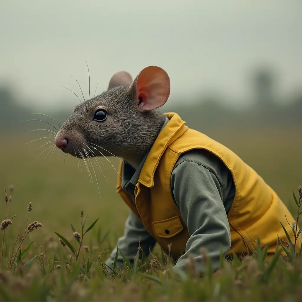 Humanoid-Figure-with-Rat-Head-in-Yellow-Vest-Relaxing-on-Grassy-Field