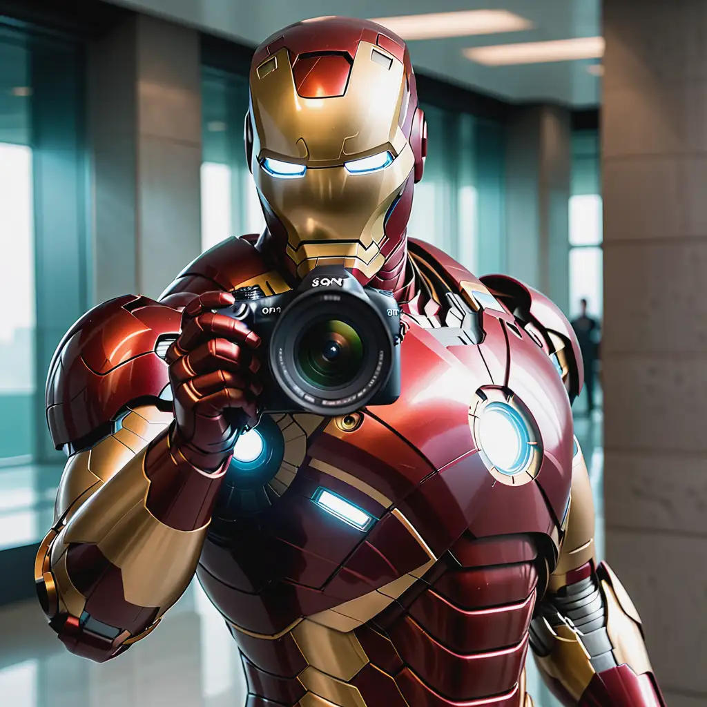 Iron-Man-Holding-Sony-Camera-in-Stark-Building-with-Thoughtful-Expression