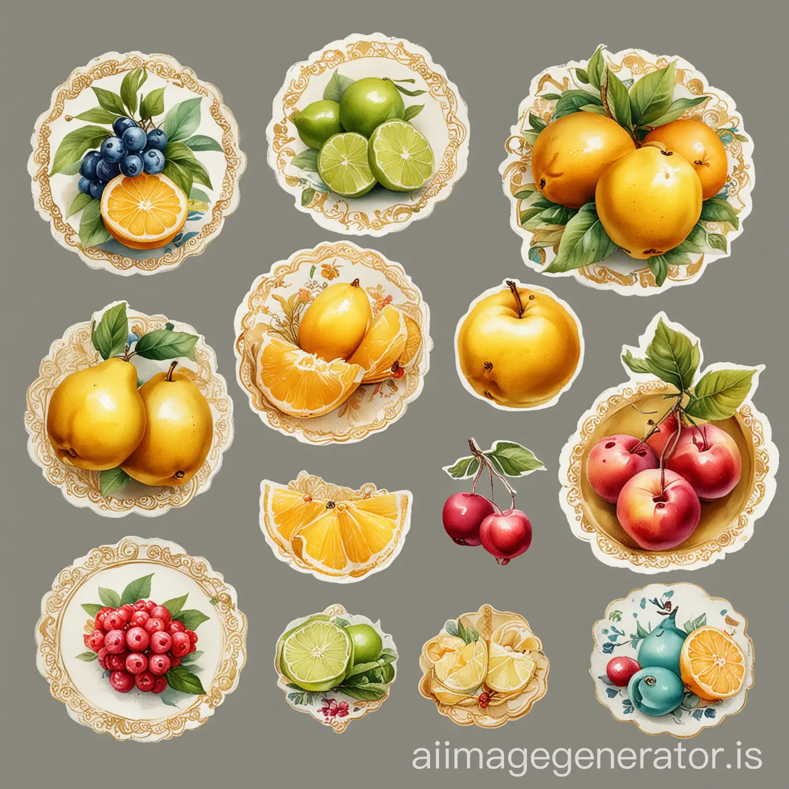 Stickers , highly detailed , white background Fruit plate stand blue 1 , And Light yellow 2, And Dark magenta 3 , And Linen 4, And Lime green 5 , And Medium turquoise 6 , And top golden yello 7 , and Lime 8 , And fruit plate stand fruit on top silver Turquoise 9 , 9 , nine , a sticker one page , on a white background , golden red , golden brown , golden green, golden blow , golden yello individual stickers of exotic ,on a white background , Watercolor , trending on artstation , sharp focus , studio photo, intricate details , highly detailed, glow color, on a white background, highly detailed