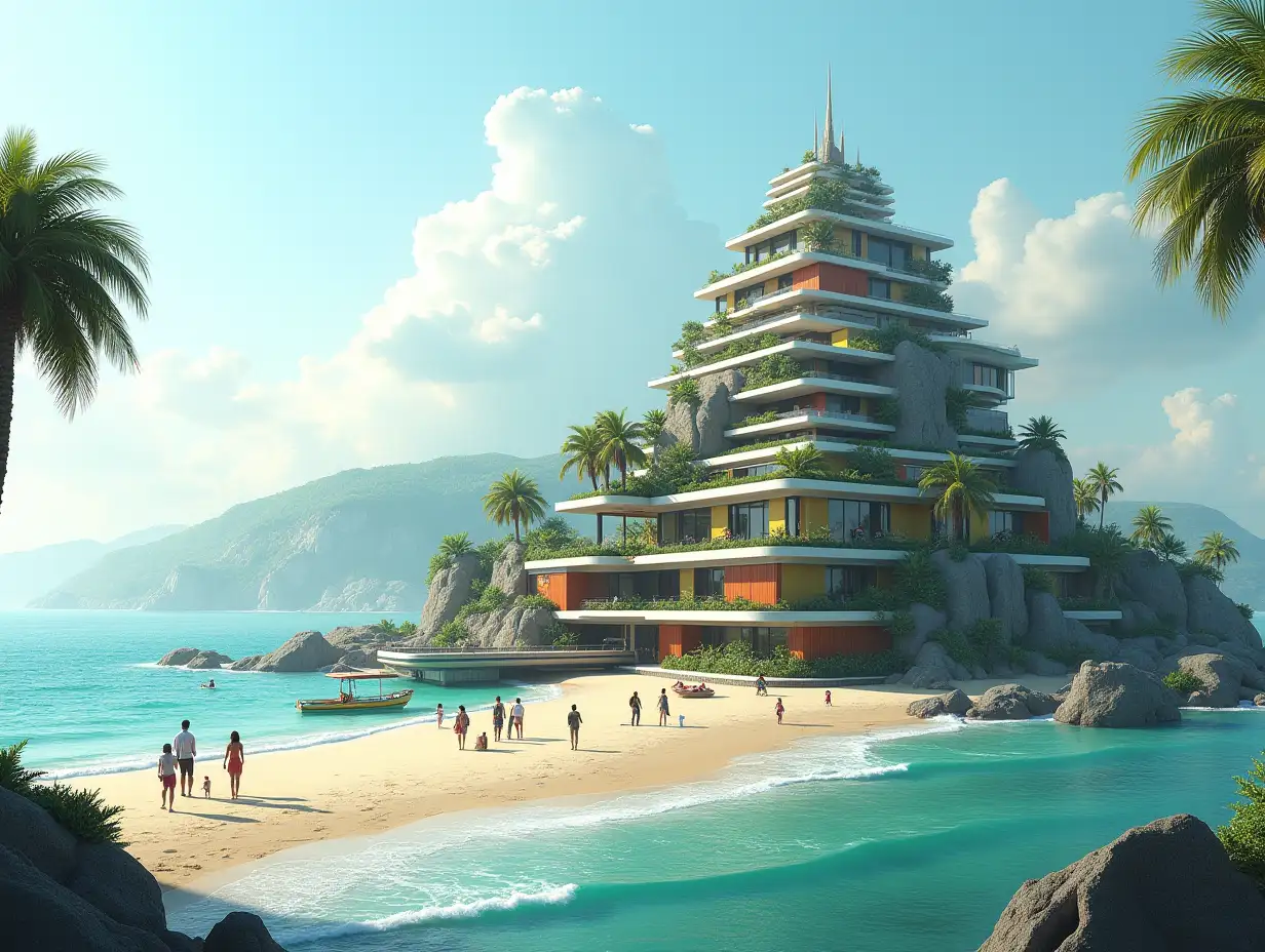 Create a high-resolution, realistic panorama image of a futuristic terrace building with window pyramid house with bridge, a yacht and a small boat beach with people, many plants and green and yellow and red facades with sea with waves, big trees, black clouds