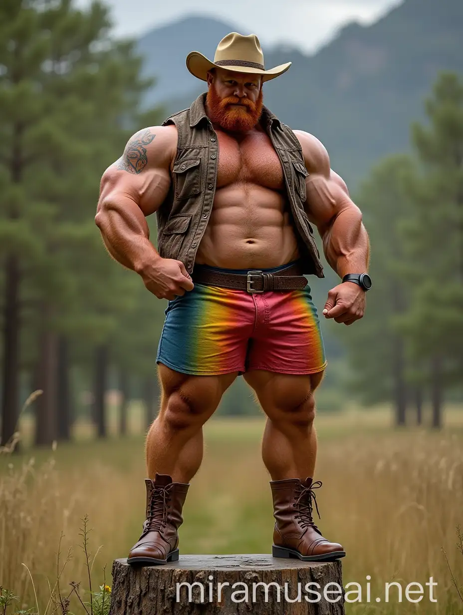 Ultra Beefy Redhead Bodybuilder Daddy Flexing on Stump