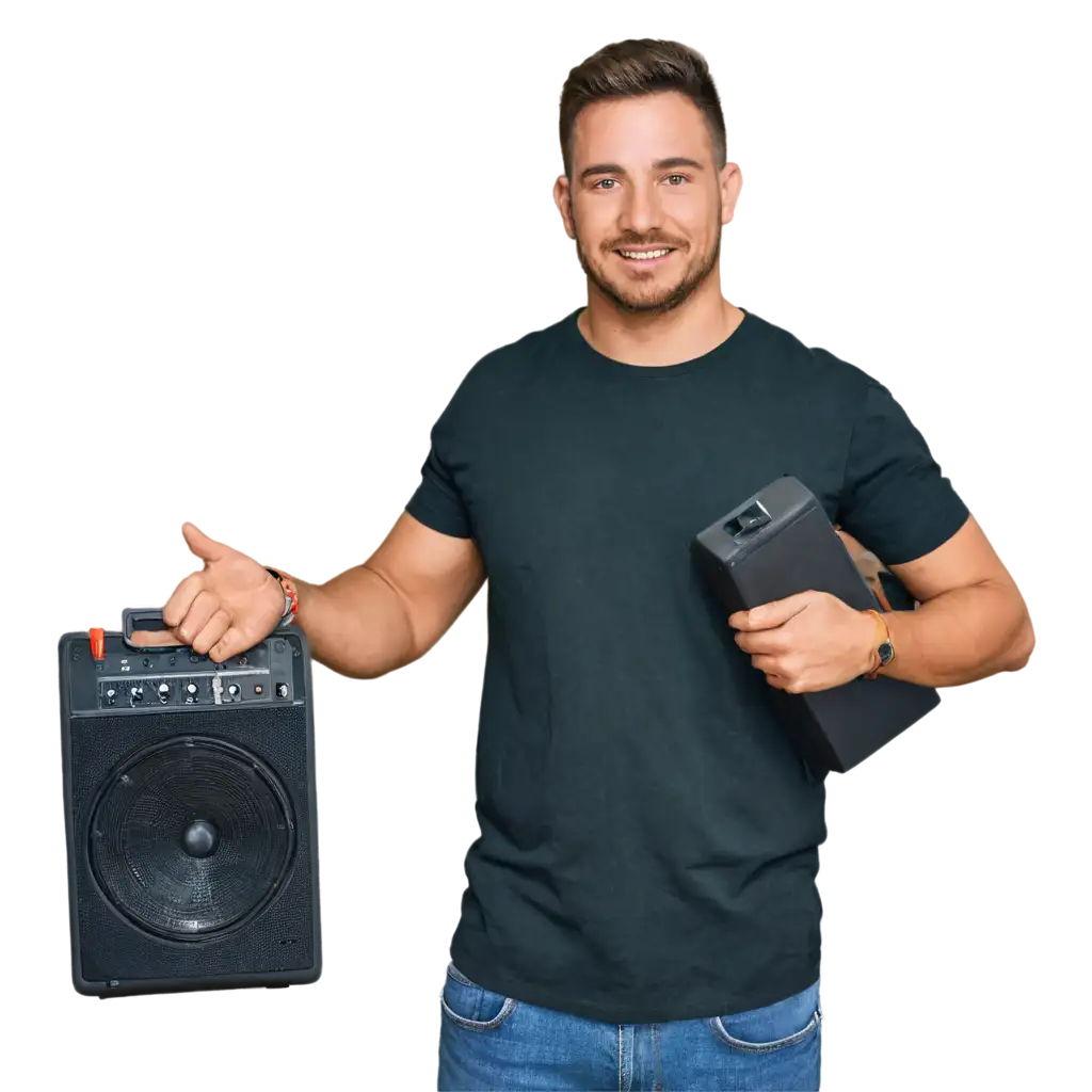 Stylish-Men-Holding-a-Speaker-PNG-Enhancing-Audio-Events-with-HighQuality-Visuals