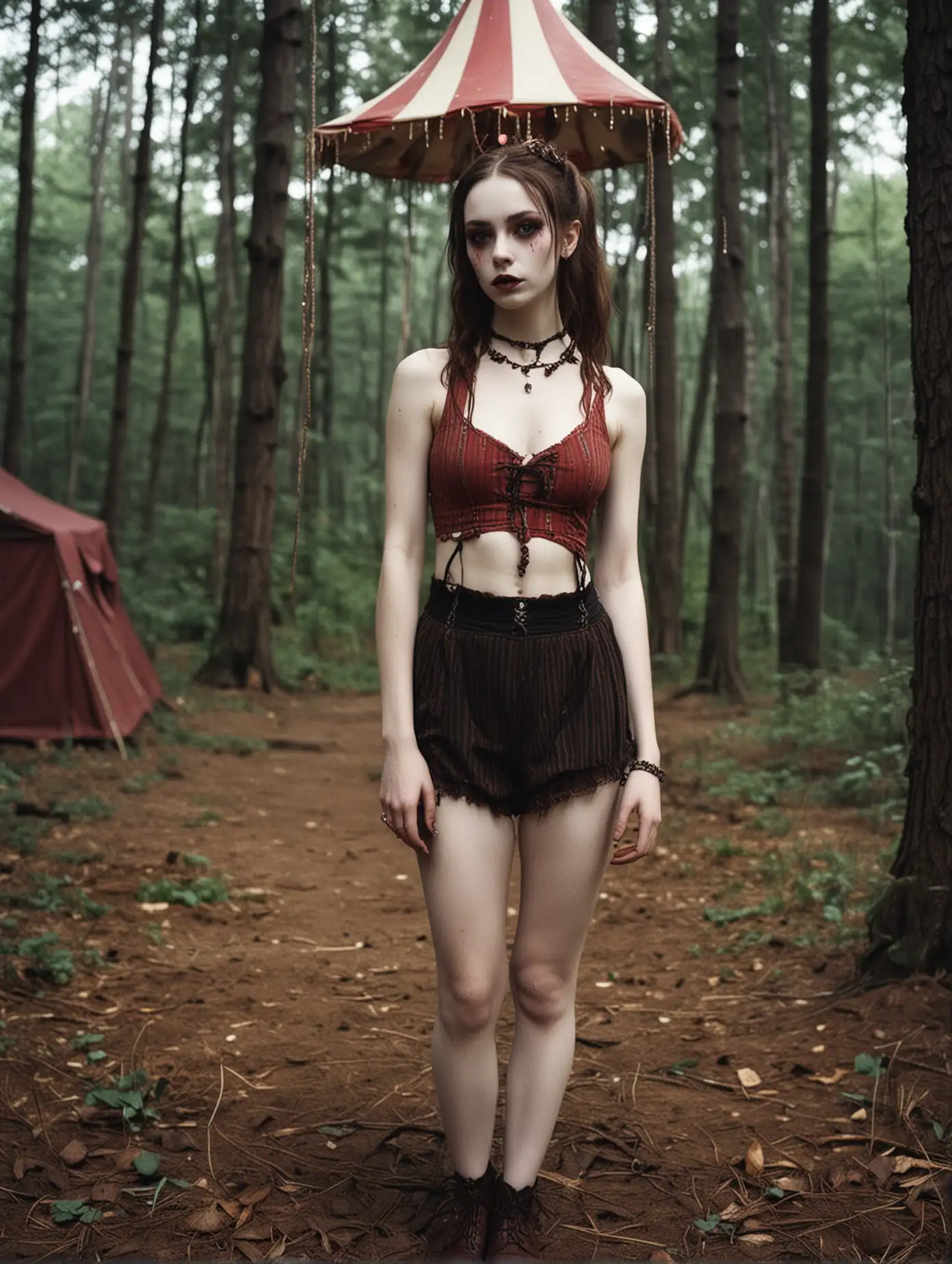 Mysterious-Girl-in-Vintage-Circus-Attire-Performing-Acrobatics-in-a-Forest