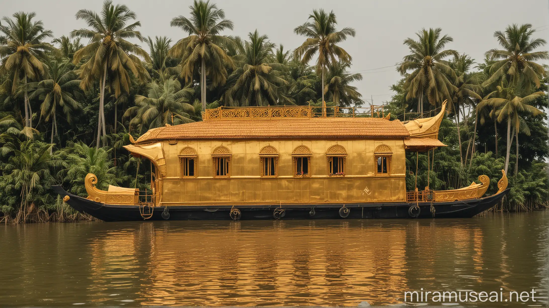 Golden Houseboat Museum Floating Above Flooded Waters in Kochi